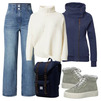 Outfit s Světle modrá/Modrá Zvonová Kalhoty/Kalhoty Bootcut/Lacláč/Kalhoty s Vysokým Pasem/Kalhoty se Štěrbinou/Kalhoty s dírou/Široká Kalhoty/Rozšířená Kalhoty Edited "Zimní outfity"