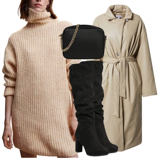 Výstřih na ramena Outfit s Béžová/Hnědá Zimní Pletené Šaty/Šaty S Rolákem/Pletené Šaty/Svetrové Šaty Mango "Zimní outfity"