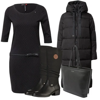 Outfit s Černá Zimní Kozačka/Dlouhá Kozačka/Bota se širokým nohavici/Klasická Kozačka/Plochá Kozačka nad koleno/Nepromokavá Kozačka/Jezdecká Bota Rieker "Zimní outfity"