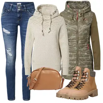 Outfit s Khaki/Tmavě zelená/Hnědá/Zelená Merino bunda/Izolační bunda/Dlouhé bundy/Bunda 2v1/Trekingová bunda/Outdoorové Bundy/Zimní Bund/Turistická bunda/Bunda s Kapucí/Hybridní bunda Ragwear "Zimní outfity"