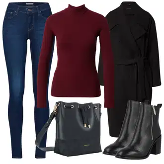 Outfit s Černá Kašmírový Kabát/Pletený Kabát/Dlouhý kabát/Midi Kabát/Vlněný Kabát/Zimní Kabát Vlněný kabát Sisley "Zimní Outfit"