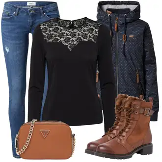 Kombinacije za zimu Gotički sa Crna/Zeleno Čipkasti Top/Party Top/Gornja majica VERO MODA "Zimski outfit za slobodno vrijeme"Look: Gotički, Old Money, Prekrasan, Francuske, Elegantan, Ured