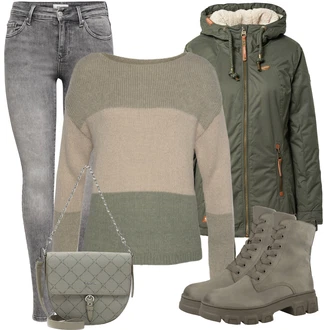 Kombinacije za zimu sa Tamnozelena/Kaki/Zeleno/Bež Džemper/Pletivo Veći Broj Lascana "Zimski outfit za slobodno vrijeme"