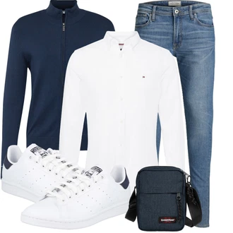 Retro Outfit mit Blau/Hellblau Lederjacke/Slim Fit Jeans/Leder Schuhe/Push up Jeans/Low Rise Jean/Jeans mit Schlitz/Thermojeans/Winterjacke/Schlupfjeans/Knöchelstiefel Jack & Jones "Büro Outfit"Look: Uni, Retro, Schlichte, Casual, Nahtlos, Coole, Classic, Disco, Old Money