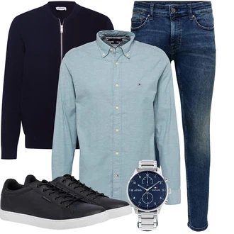 Elegant Outfit mit Dunkelblau/Blau/Hellblau Slim Fit Jeans/Lederjacke/Leder Schuhe/Thermojeans/Winterjacke/Herren Lederjacke/Push up Jeans/Damen 7/8-Länge Jeans/Knöchelstiefel/Biker Jeans/Low Rise Jean Only & Sons "Büro Outfit"Look: Uni, Coole, Old Money, Schlichte, Smart Casual, Elegant, Casual, Schön
