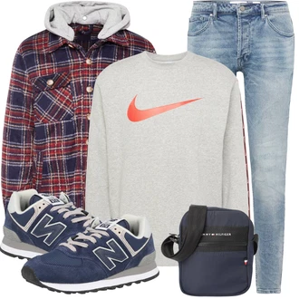 Logoprint Outfit mit Grau/Silber Damen Pullover/Sport Sweatshirt Nike Sportswear, Blau/Hellblau/Dunkelblau/Grau Schnürschuh/Schnürer/Sneaker Low/Schmaler Sneaker/Vintage Sneaker/Walkingschuh/Winter Sneaker New Balance "Cool für die Freizeit"