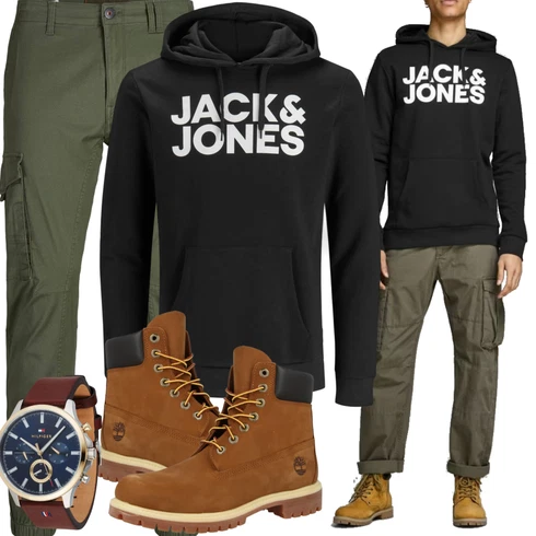 Rot/Orange/Braun Klassischer Stiefel/Schnürstiefelette/Wasserdichter Stiefel Timberland kombinieren mit Dunkelgrün/Khaki CargoHose/FunktionsHose/Zip Off Hose/Twill Hose/TrekkingHose Jack & Jones