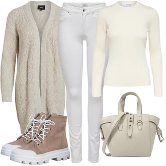 Outfit s Bílá/Khaki/Hnědá/Béžová Kardigan Kardigán s výstřihem do V/Zimní svetr/Svetr boucle/Svetr s podšívkou/Dlouhé Kardigany/Vlněný kardigán/Kašmírový kardigán Object "Cool vzhled na jaro"