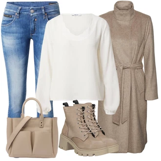 Outfit s Krémová/Bílá Otevřená Halenka/Mušelínová Halenka/Halenkové Body/Lněná Halenka/Slip-on Halenka/Halenka se Stojatým Límcem/Halenka s Dlouhým Rukávem/Halenka s Nafouknutým Rukávem About You "Cool vzhled na jaro"