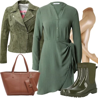 60. narozeniny Outfit s Tmavě zelená/Zelená/Světle zelená Košilové šaty/Zavinovací Šaty/Halenkové Šaty/Občanské šaty About You "Cool vzhled na jaro"Look: Bar, 40. narozeniny, 60. narozeniny, Koncert, Firemní večírek, Den matek, Zvláštní příležitosti, Narozeniny