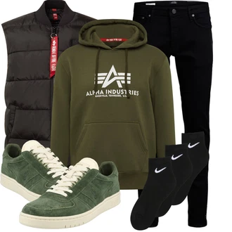 90er Outfit mit Schwarz/Dunkelbraun Parka Große Größe Alpha Industries "Cooler Look für den Frühling"Look: Uni, Western, Rap, Workwear, Techno, 90er