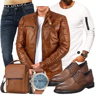Stil Motorrad Outfit mit Braun/Beige/Dunkelbraun Motorradjacke/Bikerjacke/KunstLederjacke/Vintage Lederjacke FAPA "Cooles Outfit"Look: Indoor, Dad, Elegant, Feine, Stil, Coole, Workwear, Empire, Moderne, Steampunk, 80er, Freizeit, Arbeits, Motorrad, Reiten