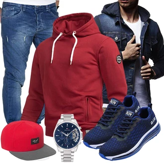 Groß Outfit mit Rot/Dunkelrot KapuzenPullover/Strick Hoodie/Unisex Hoodie/Sport Sweatshirt/Hoodie/Ausgefallener Hoodie/Sport Hoodie Alessandro Salvarini "Cooles Outfit"