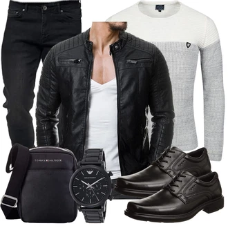 Outfit mit Schwarz Jacke mit Seitlichem Reißverschluss/Motorradjacke/KunstLederjacke/Bikerjacke Redbridge "Cooles Outfit"