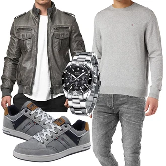 Echtleder Outfit mit Grau/Braun/Khaki/Dunkelgrün Motorradjacke/Fliegerjacke/Bikerjacke/Vintage Lederjacke/KunstLederjacke/Lederjacke/Leder Bomberjacke Indicode "Cooles Outfit"