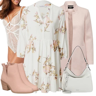 Výstřih na ramena Outfit s Krémová/Béžová/Hnědá/Bílá Boho Šaty Elegantní/Letní Šaty/Tunikové šaty/Halenkové Šaty/Šaty s 3/4 Rukávem/Boho Letní Šaty/Šaty S Potiskem/Občanské šaty About You "Elegantní zimní outfit"