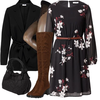 Zapínání na knoflíky Šifón Outfit s Černá/Fialová Šaty S Potiskem/Zimní šaty s dlouhým rukávem/Šaty na Podzim/Pouzdrové Šaty S Dlouhým Rukávem/Halenkové Šaty/Šaty s Páskem About You "Elegantní zimní outfit"