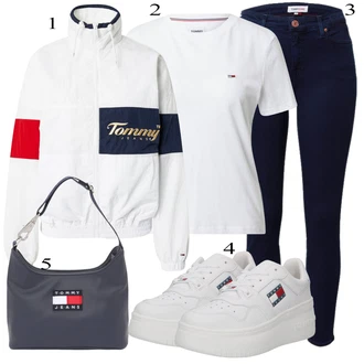 Preproste outfit mit Modra/Temno modra Usnjena Jakna/Kavbojke Visokega Pasu/Kavbojke z Razporkom/Push up Kavbojke/Usnjene Čevlje/Termodžinsi/Zimska jakna Tommy Jeans "Pokrivalo za pomlad"Look: Nor, Stil, 90. leta, Kul, Francoski, Lepo, Stari denar, Preproste