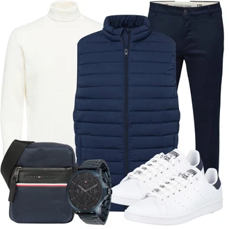 Outfit mit Weiß/Creme Basic Pullover/Feinstrickpullover/Thermo Pullover SELECTED HOMME "Freizeit Outfit"