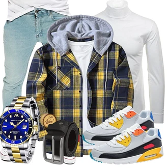 Outfit mit Gelb/Blau/Dunkelblau/Hellblau Kariertes Hemd/Kapuzenjacke/Holzfäller Jacke igeekwell "Freizeit Outfit"