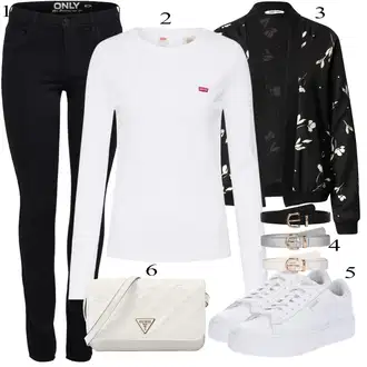 S Pertlanjem Outfit sa Bijela Zamotana Majica/Majica S Visokim Okovratnikom/Obični top/Majica s 3/4 rukavima/Majica i top/Košulja top/pletena košulja/Duga košulja/Skraćena Majica levi's ® "Tvoj otmjeni outfit"