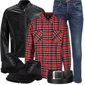 Große Größen Outfit mit Schwarz/Creme/Dunkelgrün Mantel/Lederjacke/Leder Bomberjacke/KunstLederjacke/Vintage Lederjacke/Bikerjacke/Motorradjacke Jack & Jones "Freizeit Outfit"