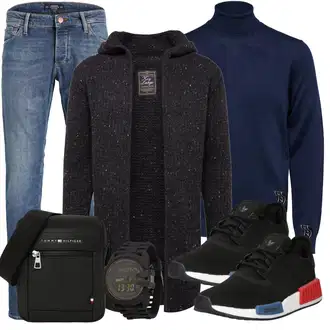 Outfit mit Schwarz/Dunkelgrau Wolle Strickjacke/Strickjacke Gefüttert/Winter Strickjacke/Boucle Strickjacke/Lange Strickjacken Key Largo "Freizeit Outfit"