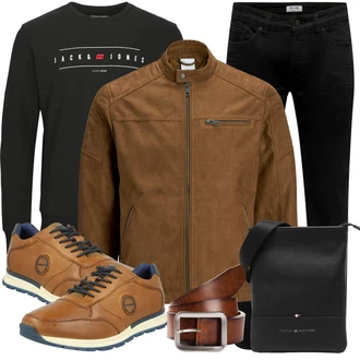 Große Größen Outfit mit Braun/Dunkelbraun/Khaki Mantel/Stehkragen-Strickjacke/Strickjacke/KunstLederjacke/Wachsjacke/Jacke mit Seitlichem Reißverschluss/Nachhaltige Jacke/Vintage Lederjacke/Übergangsjacke/Kunstfaserjacke/Lederjacke Jack & Jones "Freizeit Outfit"