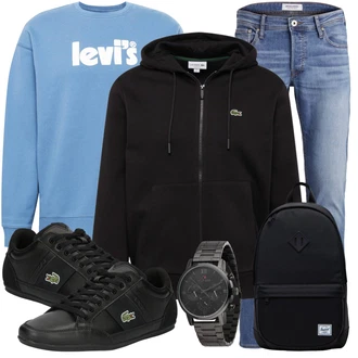Outfit mit Blau/Dunkelblau/Hellblau Hose Große Größe/Slim Fit Jeans/Leder Schuhe/Low Rise Jean/Lederjacke/Winterjacke/Regular-Fit Jeans/Low Waist Jean/Sportschuhe/Straight Leg Jean/Tapered-Jeans Jack & Jones "Freizeit Outfit"
