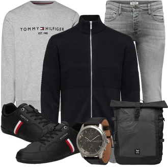 Vintage Outfit mit Grau/Hellgrau Sweatmode/Damen Pullover/Sport Sweatshirt/Women's Fleece Sweatshirts/Unisex Hoodie Tommy Hilfiger "Freizeit Outfit"Look: Rad, 70er, Vintage, Retro, Rap, Moderne, Skater, Uni