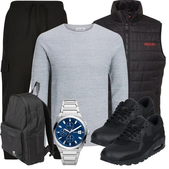 90er Outfit mit Schwarz/Dunkelblau/Khaki Hose Große Größe/Cargohose/Cargo-Jogginghose/Zip Off Hose Urban Classics "Freizeit Outfit"Look: Classic, Uni, Outdoor, Workwear, Skater, Techno, 90er