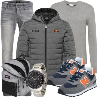 Motorrad Outfit mit Grau/Hellgrau/Dunkelgrau Steppjacke/Kapuzenjacke/Isolationsjacke/Kunstfaserjacke/Thermojacke/Strickjacke Gefüttert/Stehkragen-Strickjacke/Winter Strickjacke/Wolle Strickjacke Ellesse "Freizeit Outfit"Look: Motorrad, Wandern, Rugby