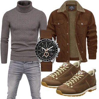 Stil, Western Outfit mit Braun/Dunkelbraun/Khaki Trachtenstrickjacke/Vintage Lederjacke/Vintage Jacke/Wachsjacke/Holzfäller Jacke/Wolljacke/Cordjacke TACVASEN "Freizeit Outfit"Look: Retro, 80er, Classic, GoGo, Goa, Business, Teddy, Indoor, Western, Workwear, Country Styl, Outdoor