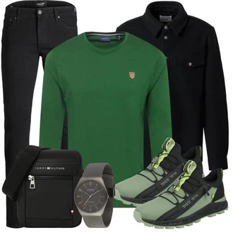 Outfit mit Schwarz/Blau/DunkelBlau/HellBlau Casual Hemd/Jeanshemd/Flanellhemd/Hemdbluse/Shirtjacke/Uniformjacke/Wolljacke/Nachhaltige Jacke/Cordjacke DAN FOX APPAREL "Freizeit Outfit"