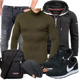 Groß Outfit mit Schwarz/Dunkelgrau KapuzenPullover/Sport Sweatshirt/Hoodie/Sport Hoodie/Ausgefallener Hoodie/Sweatjacke Alessandro Salvarini "Freizeit Outfit"