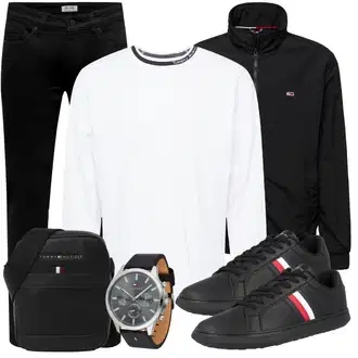 Outfit mit Schwarz Damen 7/8-Länge Jeans/Sportschuhe/Jeans mit Schlitz/Low Rise Jean/Regular-Fit Jeans/Lederjacke/Slim Fit Jeans/Straight Leg Jean/Leder Schuhe/Thermojeans Only & Sons "Freizeit Outfit"