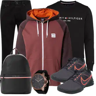 90er Outfit mit Schwarz/Silber/Mischfarben Große Größe Sweatmode/Damen Pullover/Sport Sweatshirt Tommy Hilfiger "Freizeit Outfit"Look: Rad, Skater, 80er, Zuhause, 90er, Militär, Hipster