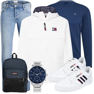 70er Outfit mit Hellblau/Blau Slim Fit Jeans/Lederjacke/Leder Schuhe/Push up Jeans/Low Rise Jean/Winterjacke/Jeans mit Schlitz/Regular-Fit Jeans/Knöchelstiefel/Herren Lederjacke/Schlupfjeans/Low Waist Jean/Tapered-Jeans Jack & Jones "Freizeit Outfit"Look: Uni, Classic, Premium, 70er, Coole, Schön, Old Money, Schlichte, Casual