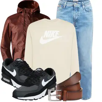 Outfit mit Khaki/Beige/Weiß Damen Pullover/Sport Sweatshirt/Lederjacke/Women's Fleece Sweatshirts Nike Sportswear "Frühlings Outfit"