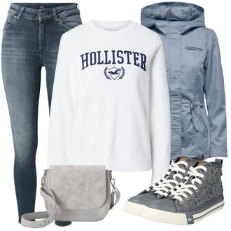 Streetwear Outfit s Bílá/Tmavě modrá/Růžová/Krémová Dámský Svetr/Sportovní Mikina/Fleecová Mikina Hollister "Jarní outfit"Look: Hipster, Streetwear, Sportovní, College, Unisex