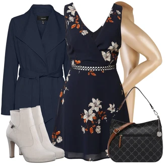 Výstřih na ramena Outfit s Tmavě modrá/Modrá Šaty S Potiskem/Šaty s Páskem/Letní Šaty/Zavinovací Šaty/Mini Šaty/Šaty Do Áčka/Společenské šaty pro hosta/Šaty Bez Rukávů/Skater šaty/Šaty Fit & Flare About You "Jarní outfit"