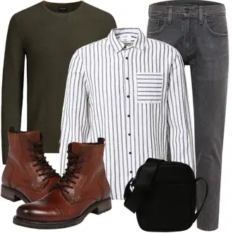Outfit mit Dunkelgrün/Khaki Basic Pullover/FeinStrickpullover/Kaschmir Pullover/Strickpullover/Rundhals Pullover/Einfacher Pullover/Wollpullover Jack & Jones "Modisches Winter Outfit"