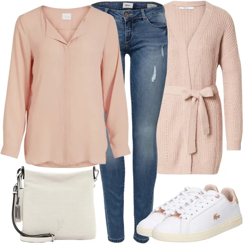 Kombinace Růžová Oversize Halenka/Dlouhá Halenka/Tunikové Tričko/Blůza s knoflíčkem/Halenkový Top/Halenkové Body/Halenka S 3/4 Rukávem/Hedvábná Halenka/Halenka s Dlouhým Rukávem/Slip-on Halenka Vila kombinovat s Modrá/Světle modrá Kožená bunda/Džíny s Dírou/Push up Džín/Džíny s Nízkým Sedem/Džín s Nízkým Pasem Only