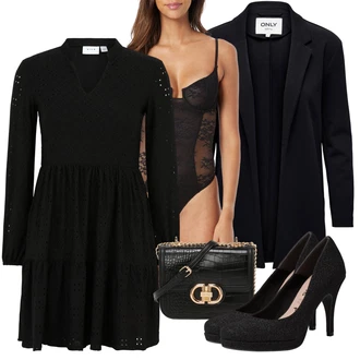 Outfit s Černá/Tmavě šedá/Šedá Šaty na Podzim/Svetrové Šaty/Tvidové šaty/Zimní šaty s dlouhým rukávem/Šaty Niki/Zimní Pletené Šaty/Pletené Šaty/Šaty S Kosticí/Šaty s dlouhým rukávem/Skater šaty vila petite "Módní jarní outfit"