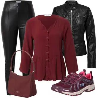 Podzim Outfit s Červená/Tmavě červená/Vínová/Fialová Peplum blůza/Tunikové Tričko/Plisovaná Halenka/Blůza s knoflíčkem/Kožená bunda pro muže/Halenkový Top/Halenka S 3/4 Rukávem About You "Módní jarní outfit"