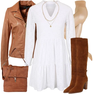 Outfit s Bílá/Krémová Žerzejové Šaty/Šaty s dlouhým rukávem/Zimní šaty s dlouhým rukávem/Svetrové Šaty/Bavlněné Šaty/Šaty Niki/Šaty na Konfirmaci/Pletené Šaty/Zimní Pletené Šaty vila petite "Módní zimní outfit"