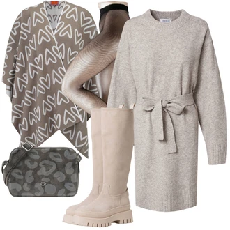 Outfit s Béžová/Růžová Síťovaná punčocha/Síťovaný punčocháč Falke "Módní zimní outfit"