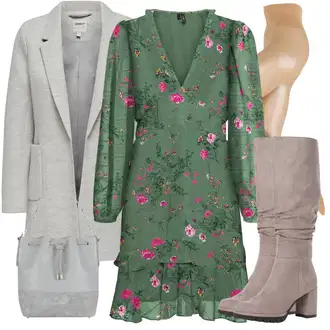 Outfit s Zelená/Tmavě zelená Šaty S Potiskem/Halenkové Šaty/Šaty Niki/Zavinovací Šaty/Vintage šaty/Šaty na Podzim VERO MODA "Módní zimní outfit"