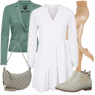 Outfit s Bílá/Krémová Žerzejové Šaty/Šaty s dlouhým rukávem/Zimní šaty s dlouhým rukávem/Svetrové Šaty/Bavlněné Šaty/Šaty Niki/Šaty na Konfirmaci/Pletené Šaty/Zimní Pletené Šaty vila petite "Módní zimní outfit"