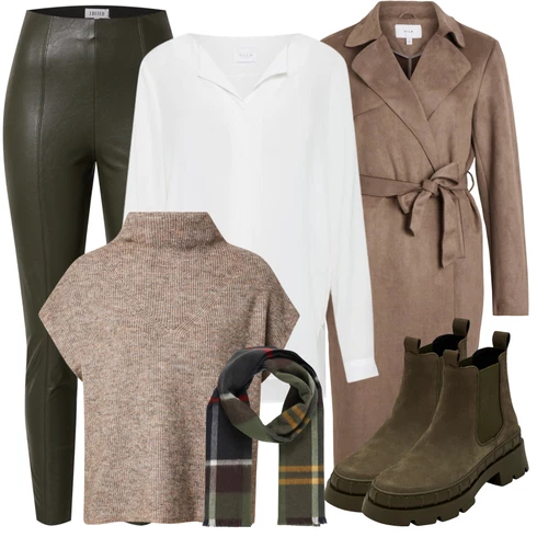 Kombinace Šedá/Hnědá/Béžová/Bílá/Krémová/Khaki Halenkové Body/Blůza s knoflíčkem/Halenka se Stojatým Límcem/Dlouhá Halenka/Halenka s Dlouhým Rukávem/Oversize Halenka/Oversize Muselínová Blůza/Slip-on Halenka/Tunikové Tričko Vila kombinovat s Tmavě zelená/Khaki Kožený legíny/Kožená Kalhoty/Kalhoty z Umělé Kůže/Legíny Kožený Vzhled Edited